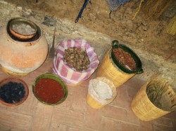 baskets and bowls of spices in oaxaca